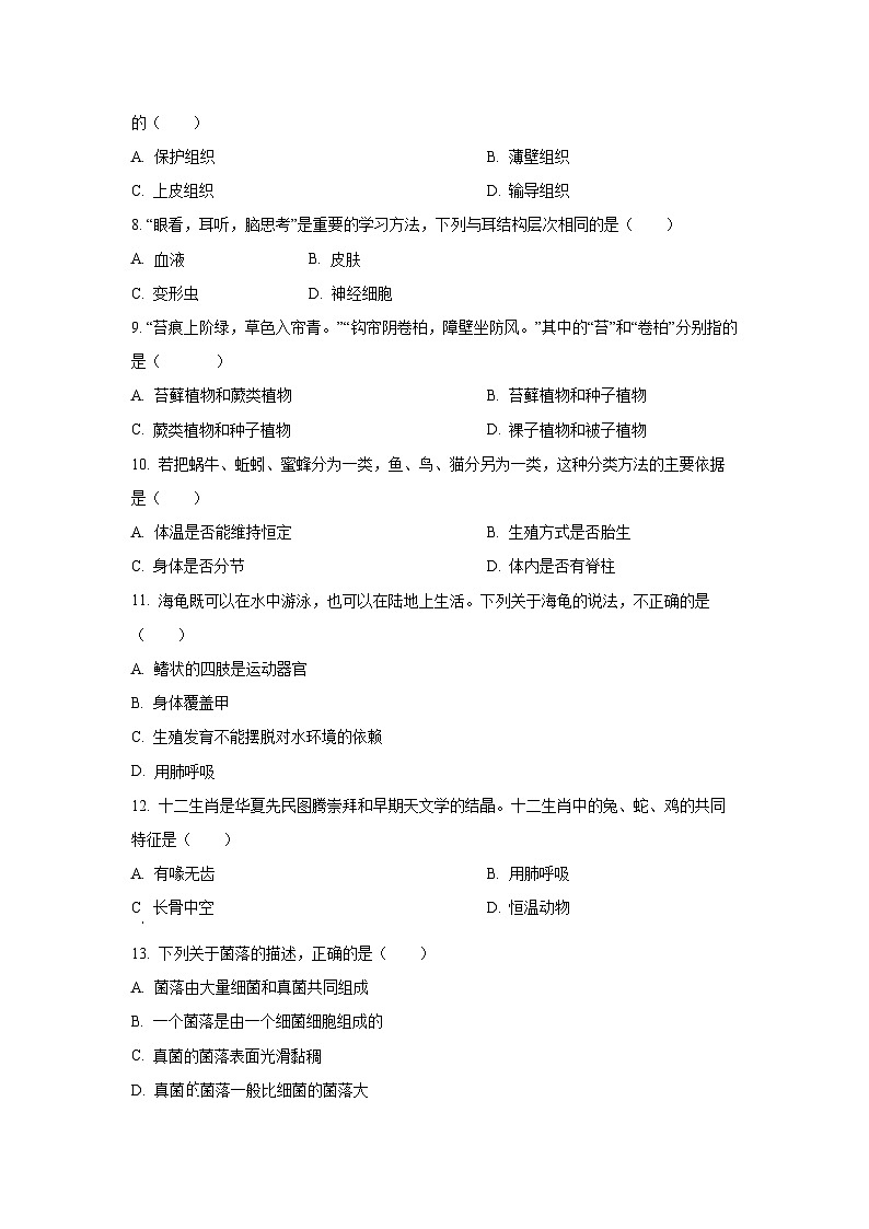 江西省赣州市大余县2024-2025学年七年级上学期期末生物试卷（学生版）第2页