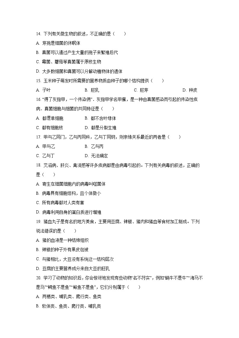 江西省赣州市大余县2024-2025学年七年级上学期期末生物试卷（学生版）第3页