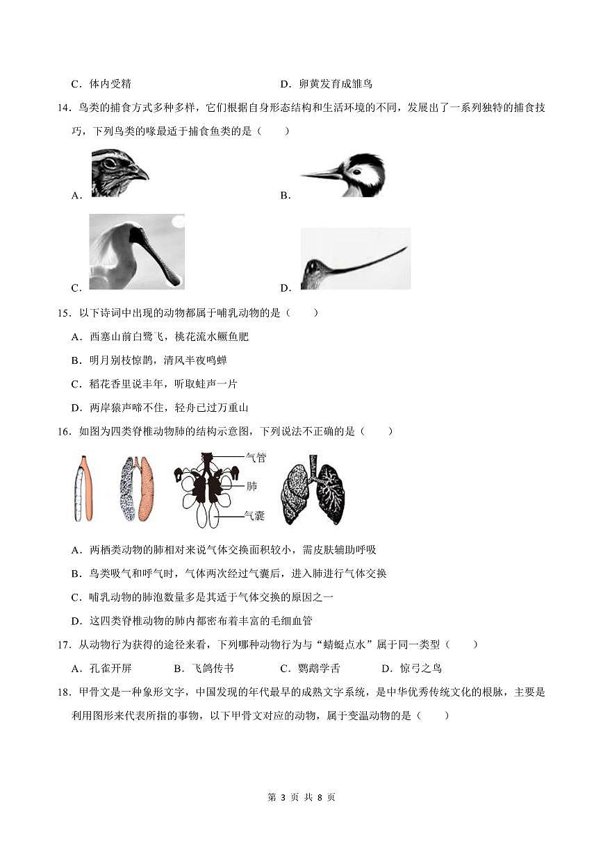 2024-2025学年深圳市宝安中学集团联考八年级上学期期中生物试卷含答案第3页