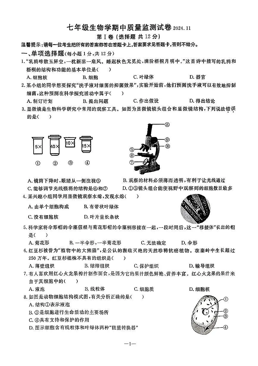 辽宁省鞍山市立山区2024-2025学年第一学期七年级生物期中试卷（含答案）第1页