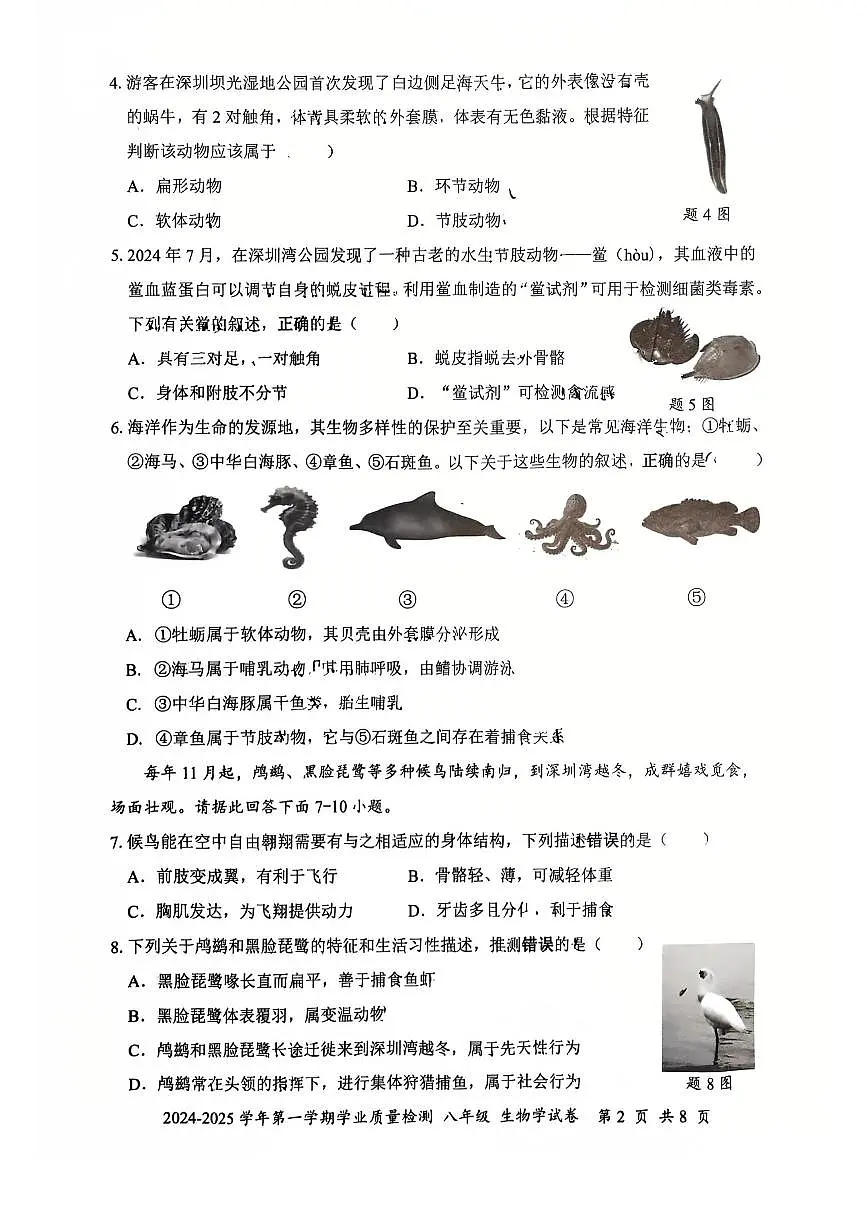 2024-2025学年深圳市罗湖区八年级上册期末生物试卷第2页