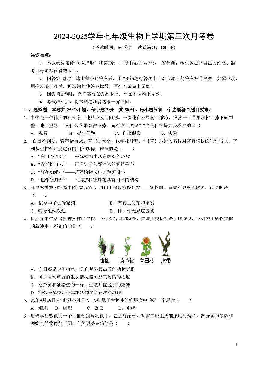 2024-2025学年第一学期七年级上册生物第三次月考卷七年级生物试卷含答案（苏教版）第1页