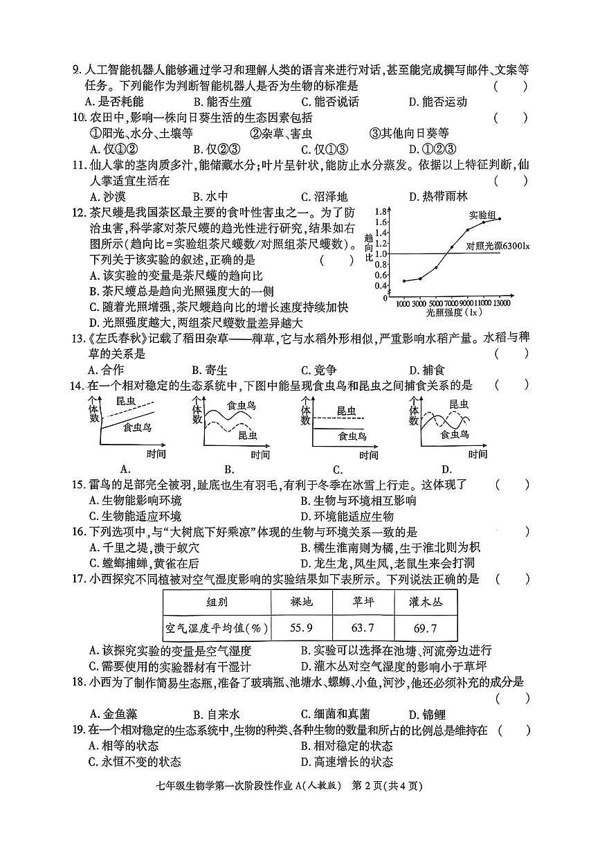 陕西省咸阳市乾县吴店九年制学校2023-2024学年七年级上学期第一次阶段性作业生物学试题（月考）(0001)第2页