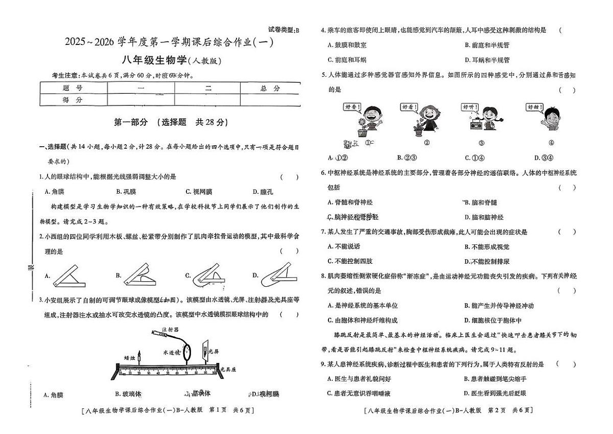陕西省咸阳市永寿县常宁镇中学2025-2026学年八年级上学期生物学课后综合作业（一）（月考）第1页
