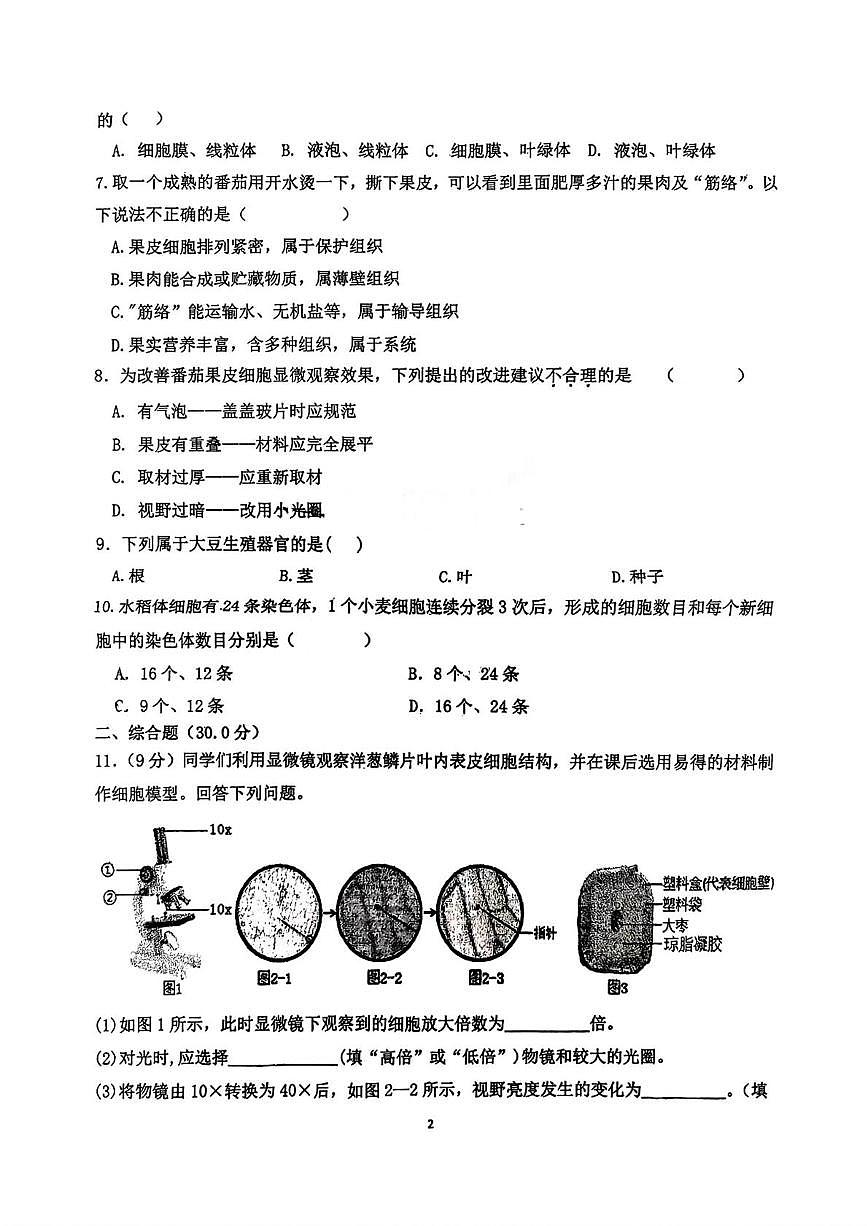 湖北省襄阳市老河口市张集中学2025-2026学年七年级上学期10月月考生物试题、参考答案及解析 湖北省襄阳市老河口市张集中学2025-2026学年七年级上学期10月月考生物试题第2页