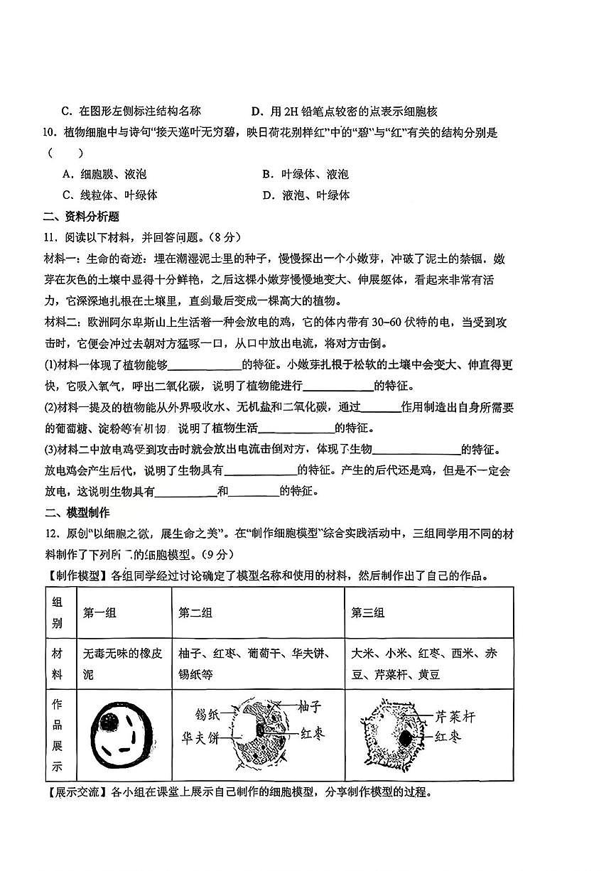 湖北省襄阳市米芾中学2025-2026学年七年级上学期10月月考生物试题第2页