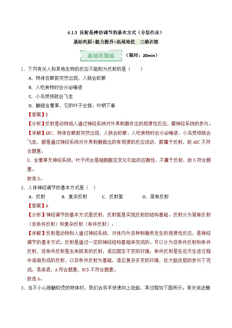 6.1.3 反射是神经调节的基本方式（分层作业）（解析版）第1页