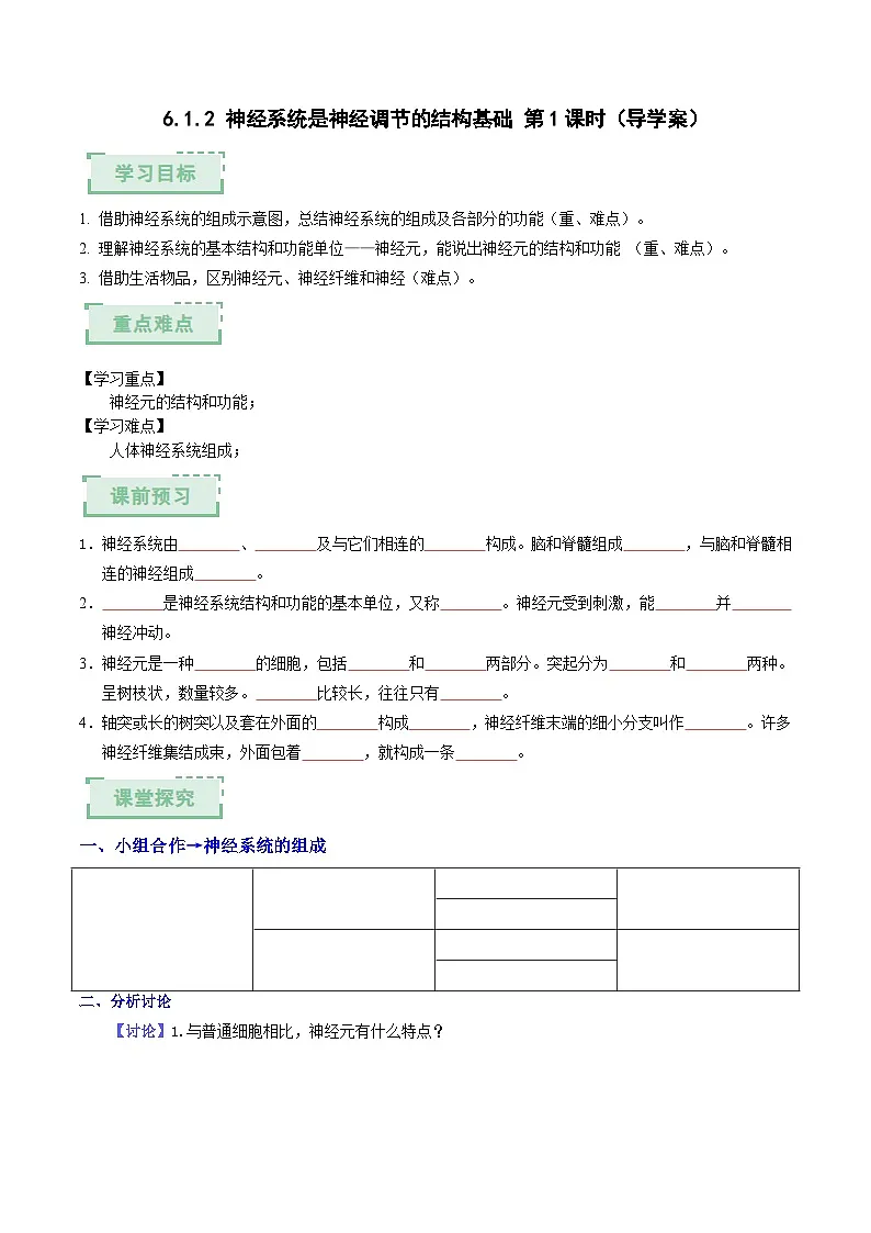 6.1.2 神经系统是神经调节的结构基础 第1课时（导学案）（原卷版）第1页