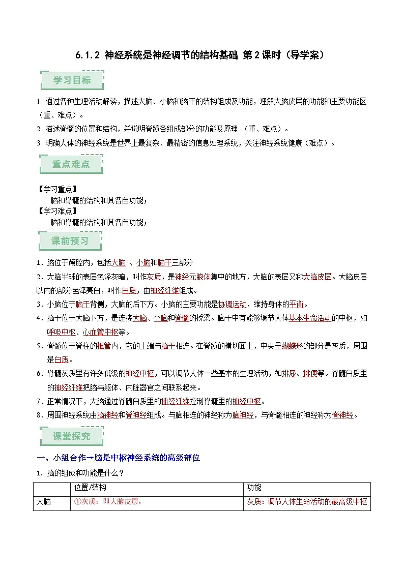6.1.2 神经系统是神经调节的结构基础 第2课时（导学案）（解析版） 第1页