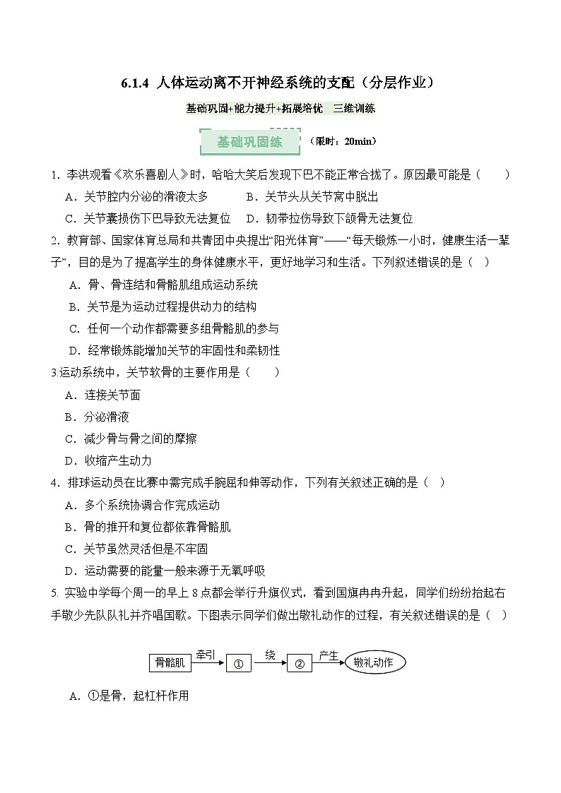 6.1.4 人体运动离不开神经系统的支配（分层作业）（原卷版）第1页