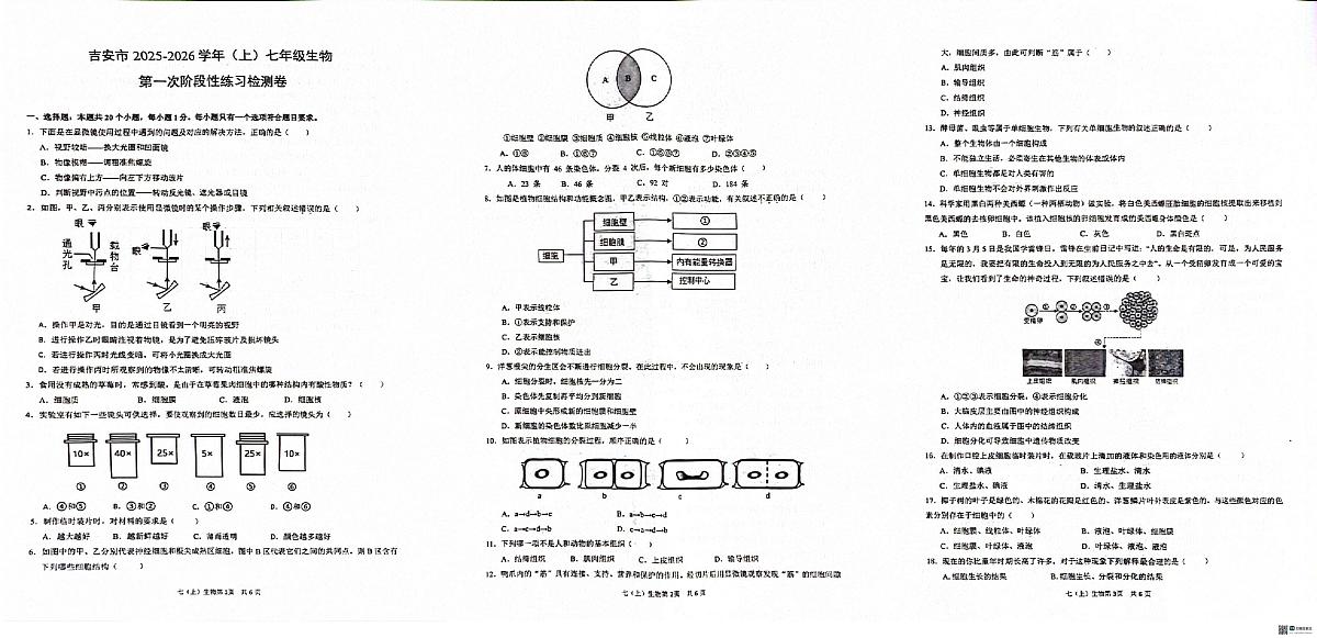 江西省吉安市十校联考2025-2026学年七年级上学期10月月考生物试题第1页