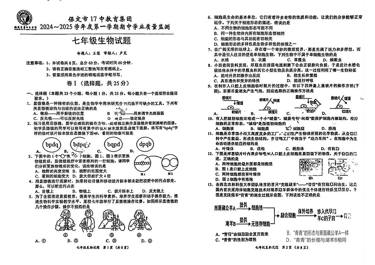 河北省保定市第十七中学2024--2025学年七年级上学期期中考试生物试卷、答案及解析 河北省保定市第十七中学2024--2025学年七年级上学期期中考试生物试卷第1页
