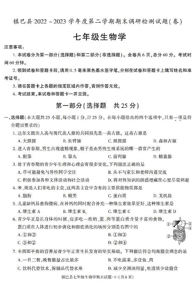 陕西省汉中市镇巴县2022-2023学年七年级下学期期末考试生物试卷第1页