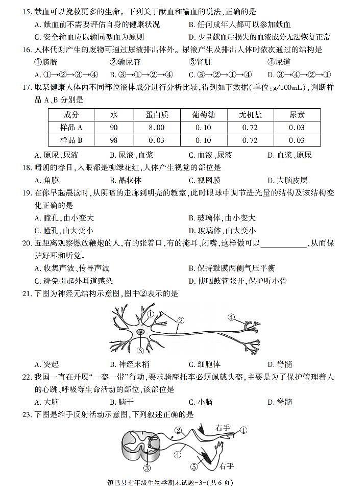 陕西省汉中市镇巴县2022-2023学年七年级下学期期末考试生物试卷第3页