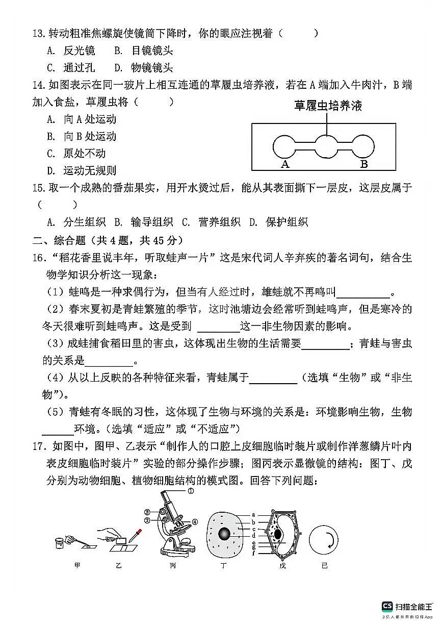 河北省邯郸市武安市伯延镇中学、冶陶镇中学联考2025-2026学年七年级上学期10月期中生物试题第3页