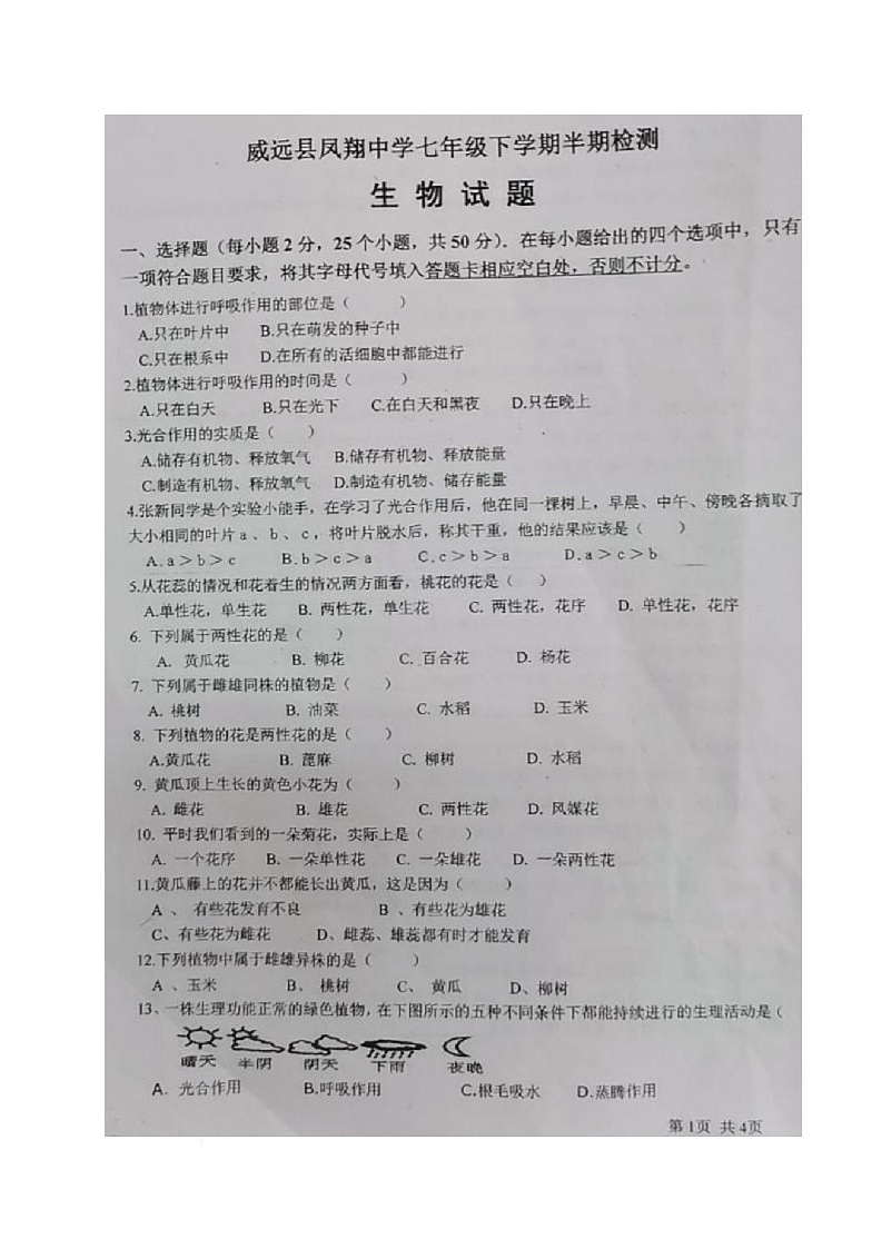 四川省内江市威远县凤翔中学2024-2025学年七年级下学期期中考试生物试题(含答案) 四川省内江市威远县凤翔中学2024-2025学年七年级下学期期中考试生物试题第1页