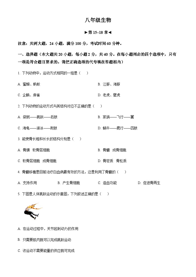 安徽省阜阳市临泉县第五中学2024-2025学年八年级上学期期中生物学试题（含答案）第1页