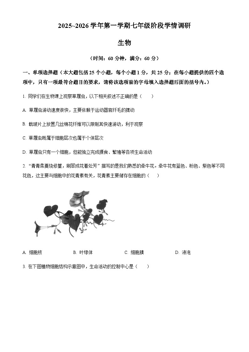 河北省廊坊市固安县2025-2026学年七年级上学期期中生物学试题（含答案）第1页
