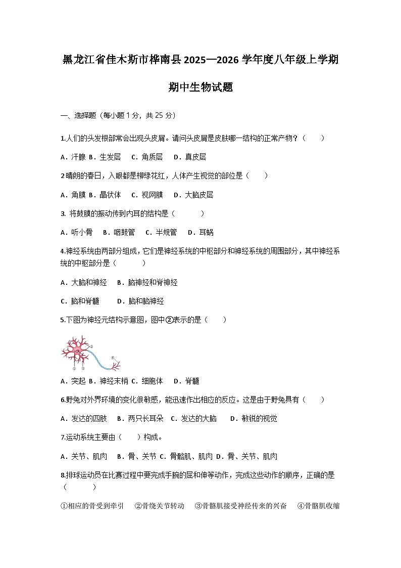 黑龙江省佳木斯市桦南县2025-2026学年八年级上学期10月期中考试生物试题（含答案）第1页