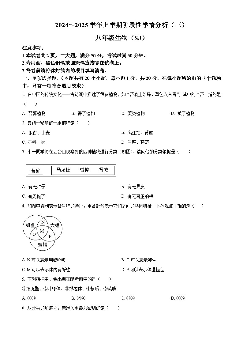 河南省周口市西华县青华中英文学校2024-2025学年八年级上学期12月月考生物试题 （含答案）第1页