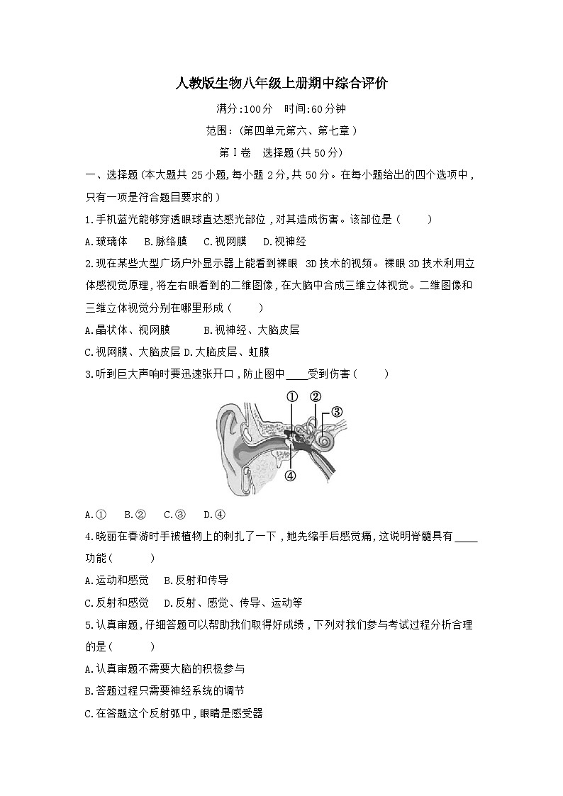 2025-2026学年人教版（2024）生物八年级上册期中综合评价 (第四单元第六、第七章)试题（含答案）第1页