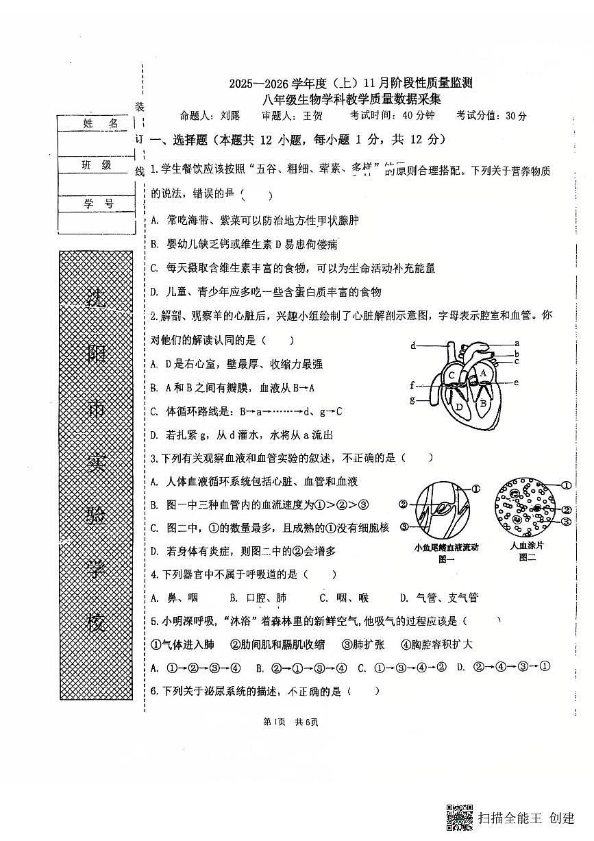 辽宁省沈阳市沈河区实验学校2025-2026学年八年级上学期11月期中考试生物试题第1页