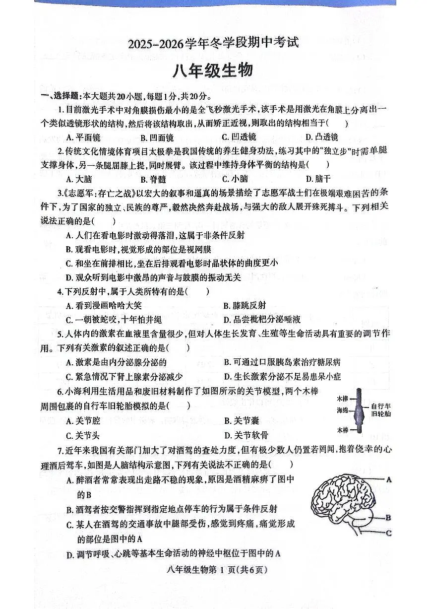 2025~2026济源市冬学段八年级上学期期中考试生物试卷第1页