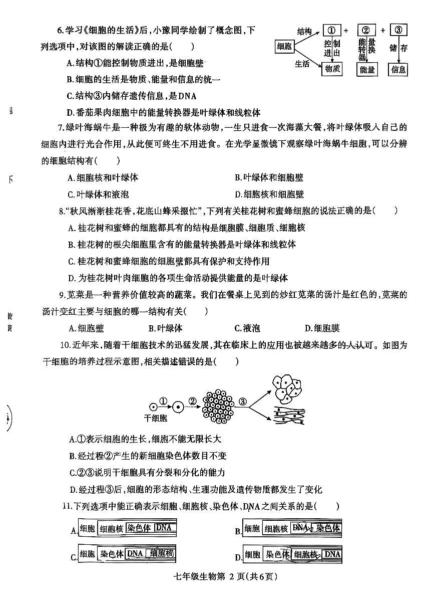 2025~2026济源市冬学段七年级上学期期中考试生物试卷第2页