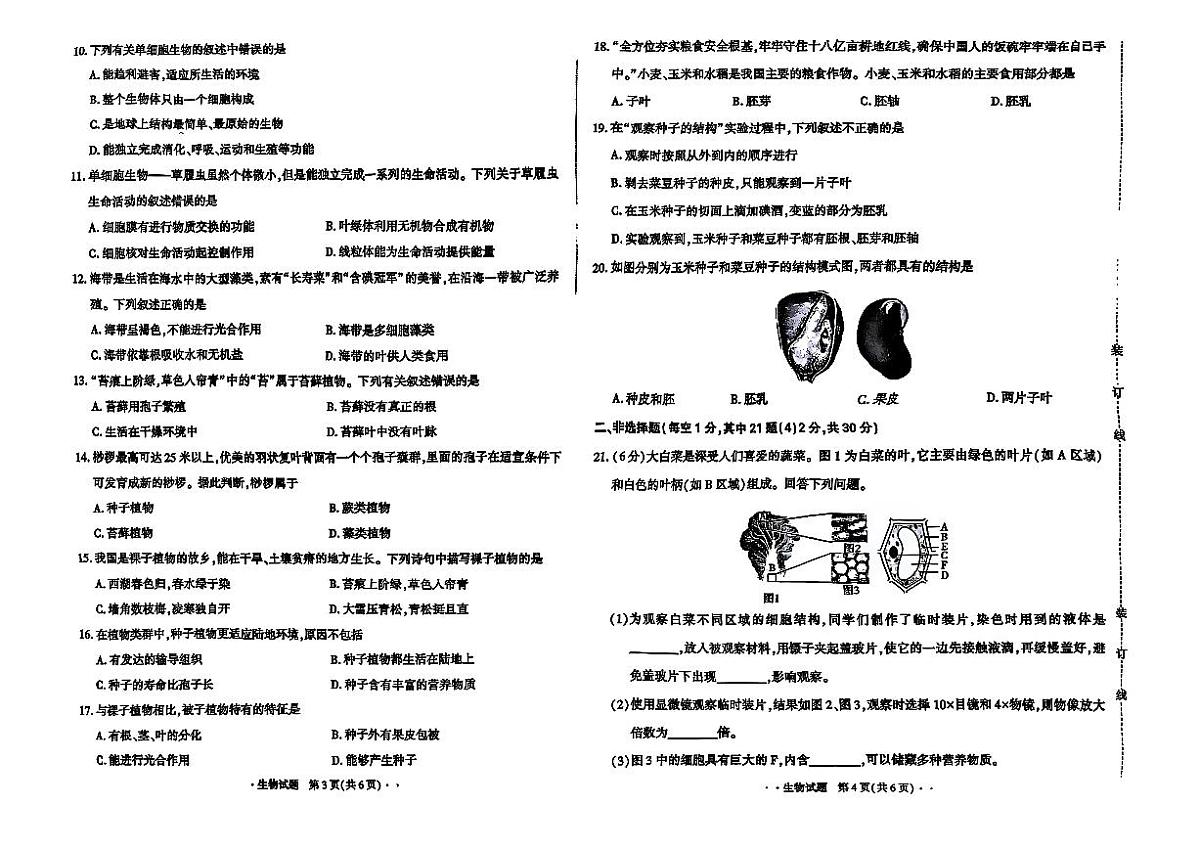 吉林省长春市四校2025—2026学年度第一学期综合练习   七年级生物试题（含答案）第2页