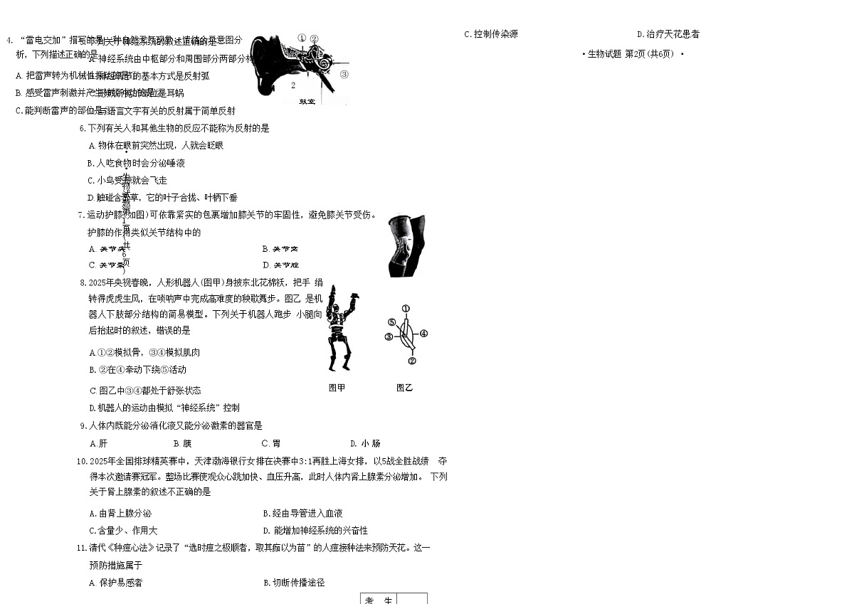 吉林省长春市四校2025—2026学年度第一学期综合练习   八年级生物试题（含答案）第2页
