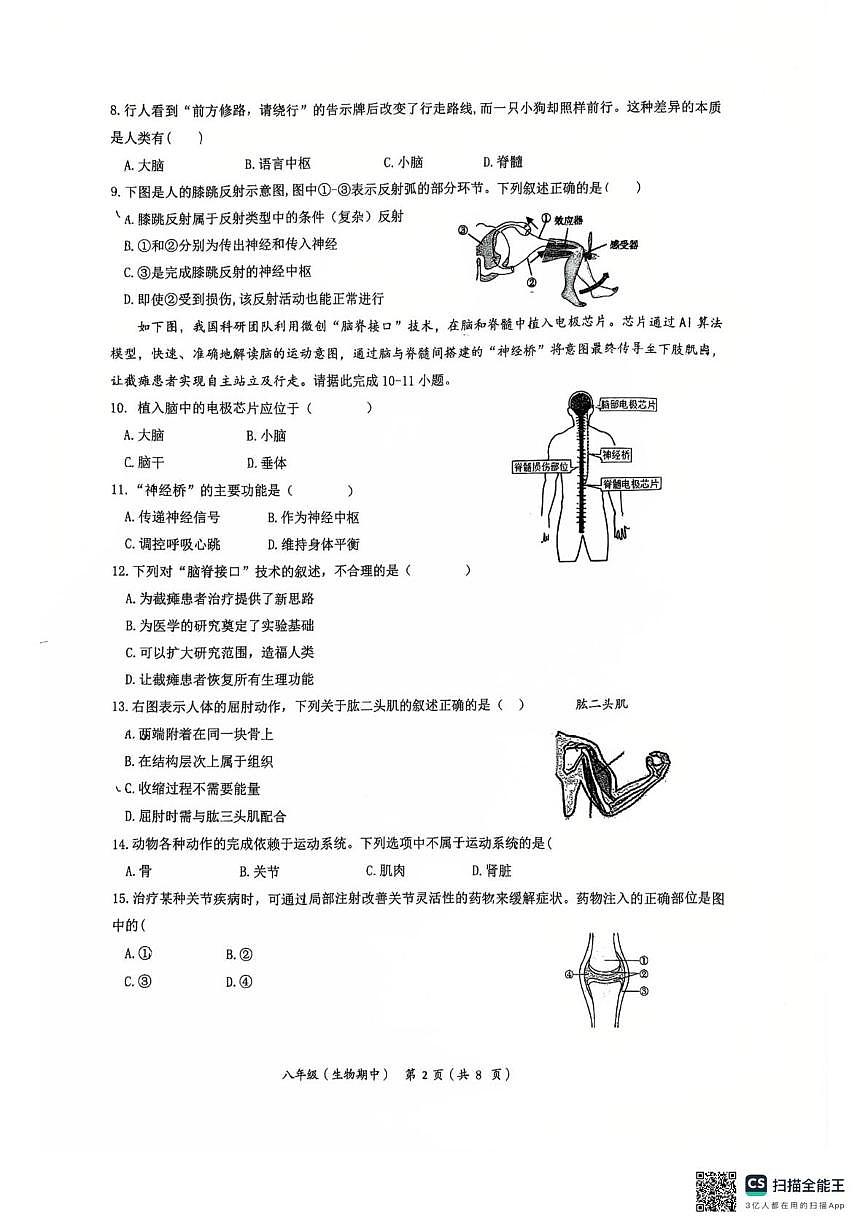 北京交通大学附属中学2025-2026学年八年级上学期期中考试生物试卷第2页