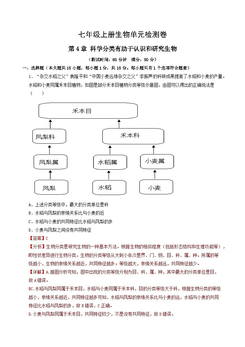 第二单元第四章 科学分类有助于认识和研究生物（单元测试）（解析版）第1页