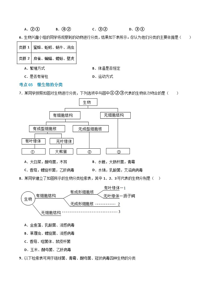第二单元第四章 科学分类有助于认识和研究生物（专项训练）（原卷版）第3页