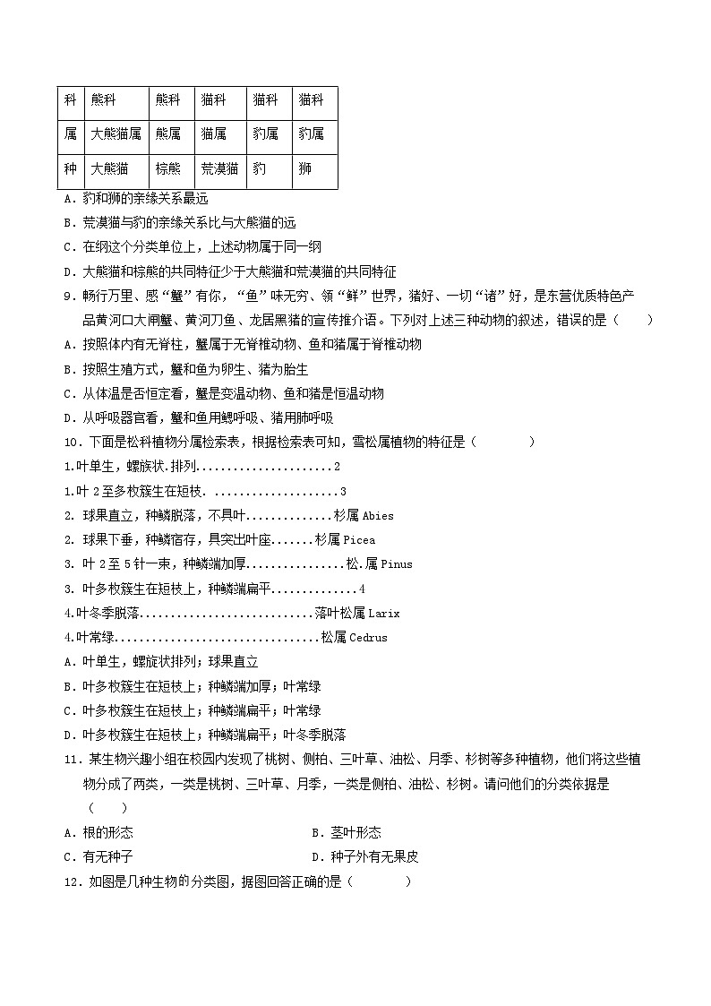 第二单元第四章 科学分类有助于认识和研究生物（单元测试）（考试版A4）第3页