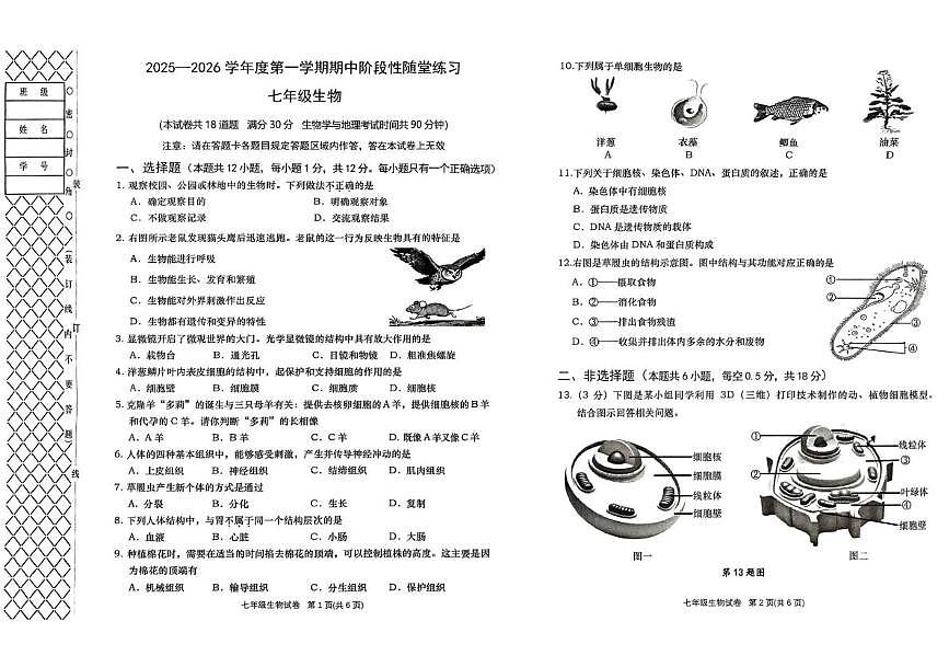 辽宁省大连市甘井子区2025-2026学年七年级上学期期中测试生物试卷第1页