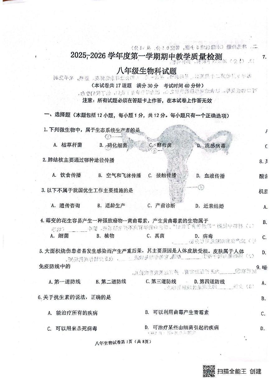 辽宁省抚顺市新宾满族自治县2025-2026学年八年级上学期11月期中考试生物试题第1页