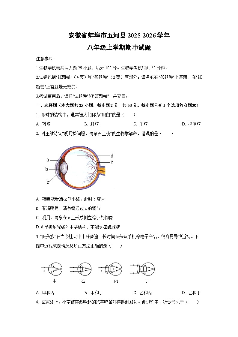2025~2026学年安徽省蚌埠市五河县八年级（上）期中生物试题（学生版）第1页