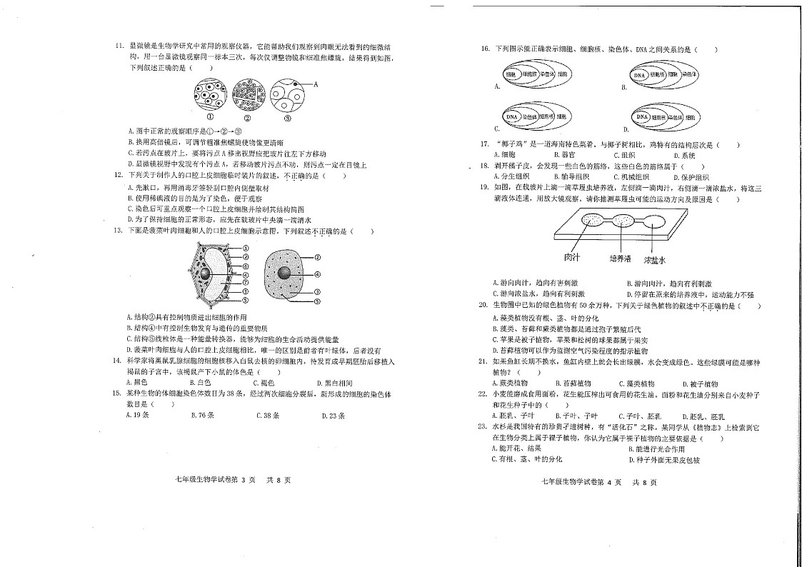 2023-2024学年七年级上学期南沙区期末考试生物试题（学生版）第2页