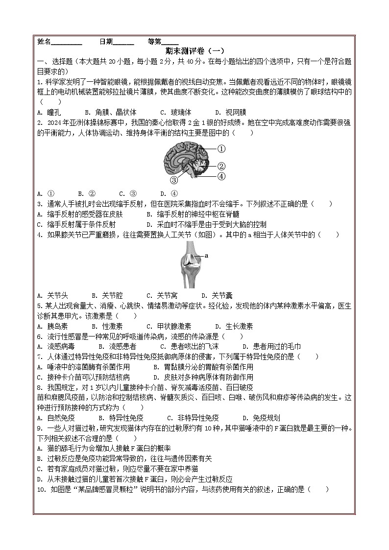 期末测评卷（一）-2025-2026学年人教版生物八年级上册第1页
