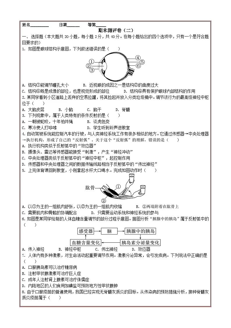 期末测评卷（二）-2025-2026学年人教版生物八年级上册第1页