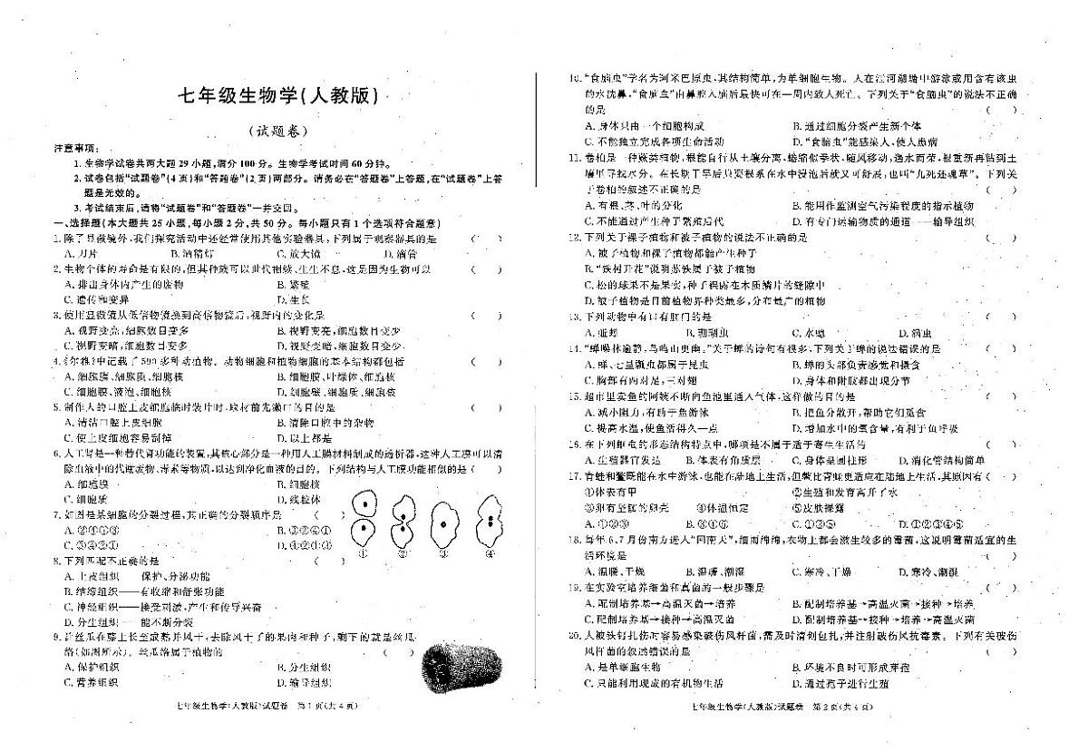 安徽省六安市裕安区2024-2025学年七年级上学期12月月考生物试题第1页