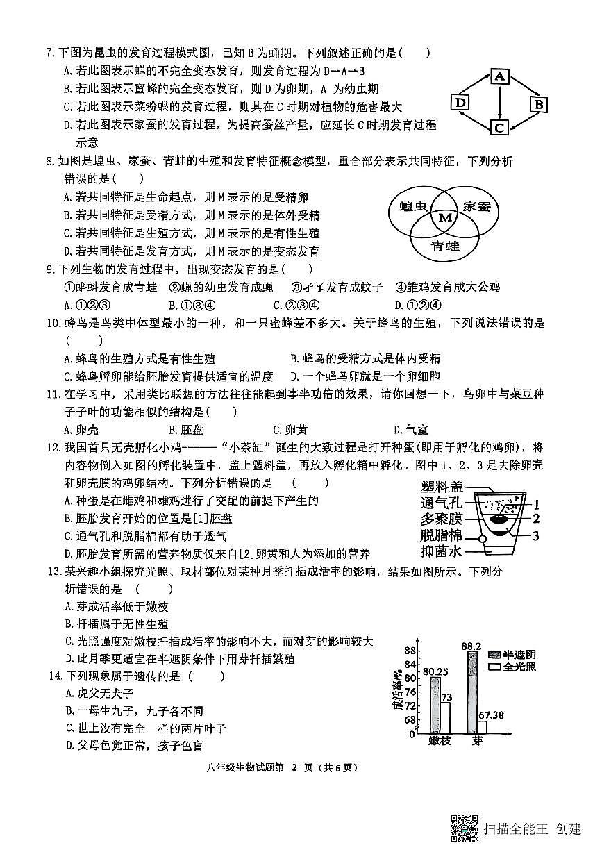 2024-2025学年度安庆市第二学期期中综合素质调研八年级生物试题第2页