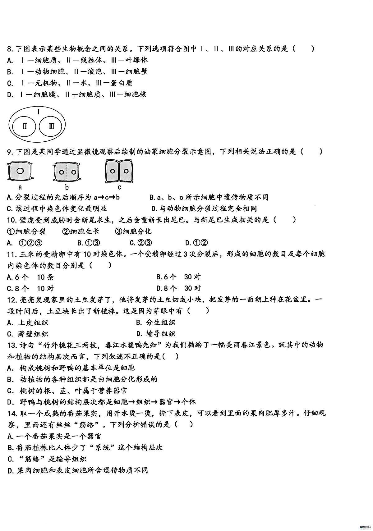 内蒙古包头市昆都仑区第五中学2025-2026学年七年级上学期期中考试生物试题第2页