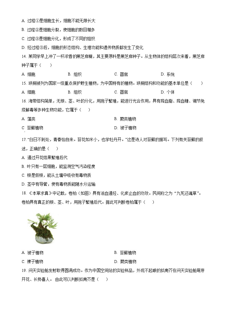 安徽省合肥市新站区2七年级上学期期末生物试题（原卷版）-A4第3页
