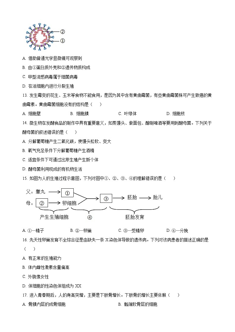 安徽省淮北市2八年级上学期期末生物试题（原卷版）-A4第3页