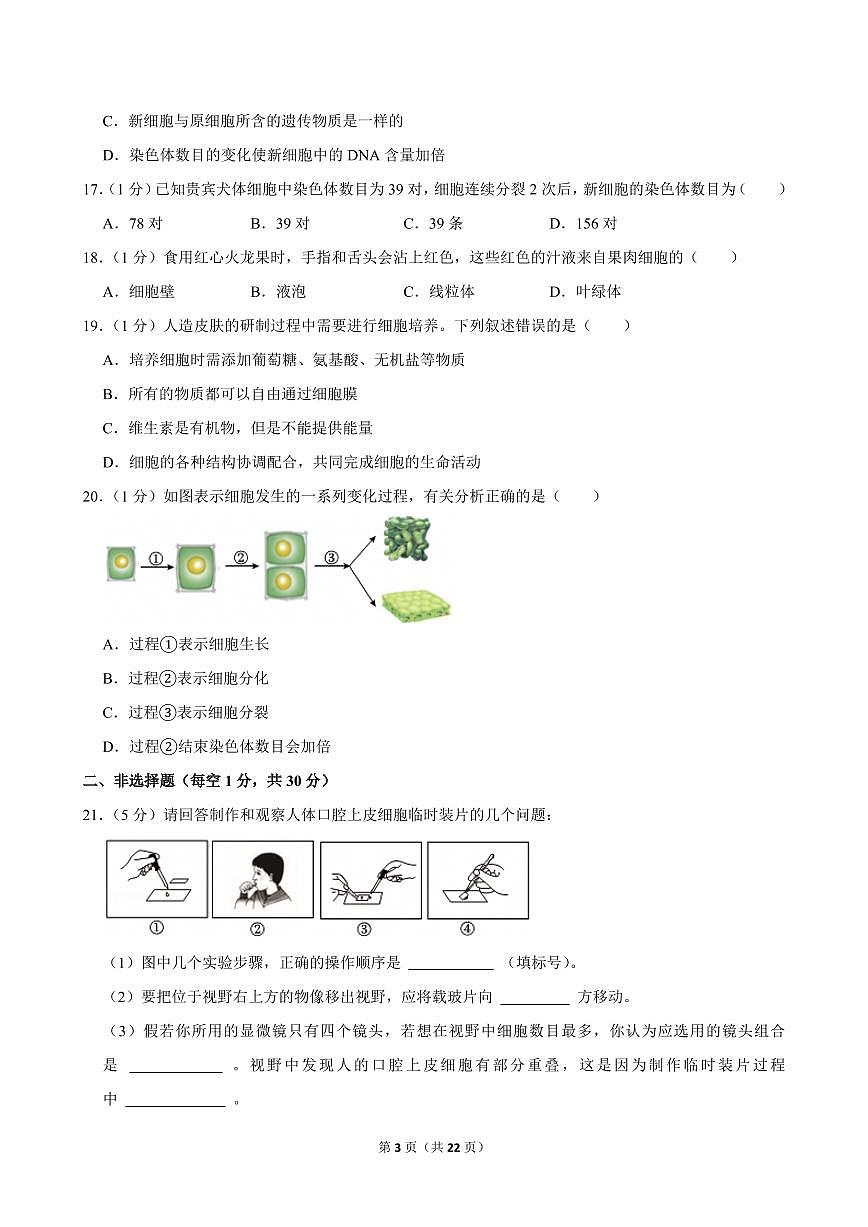 2024-2025学年吉林省长春市第108学校七年级（上）期中生物试卷第3页