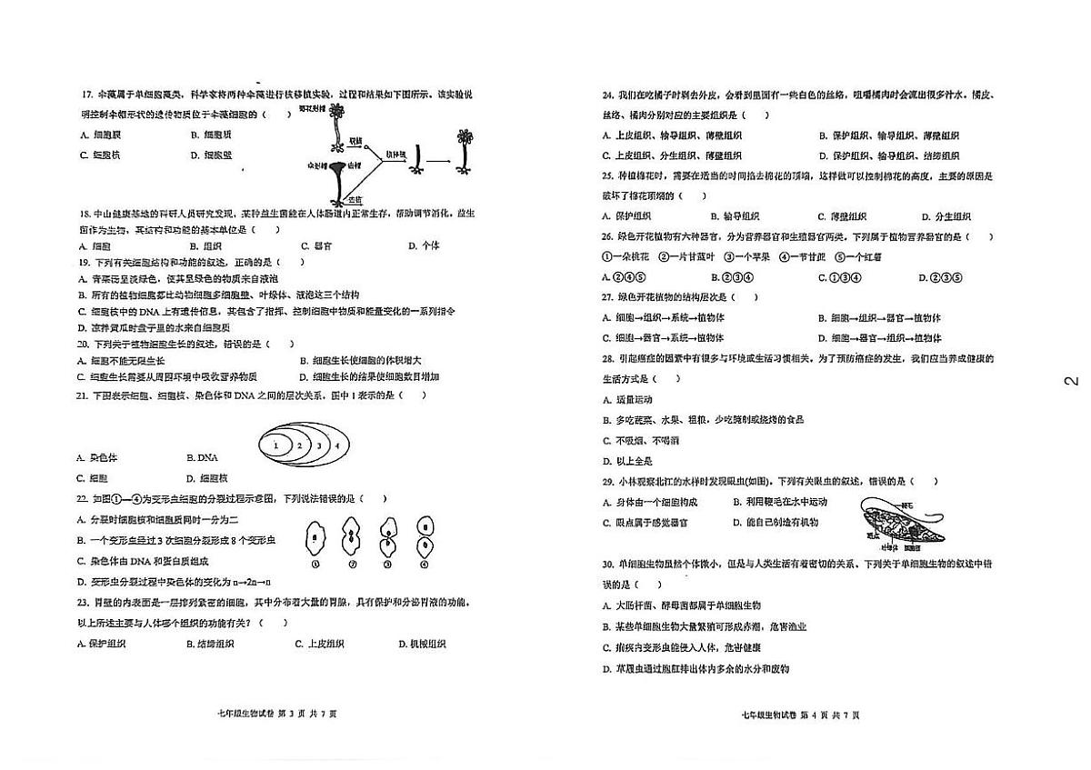 广东省中山市第一中学等校联考2025-2026学年七年级上学期期中考试生物试卷第2页
