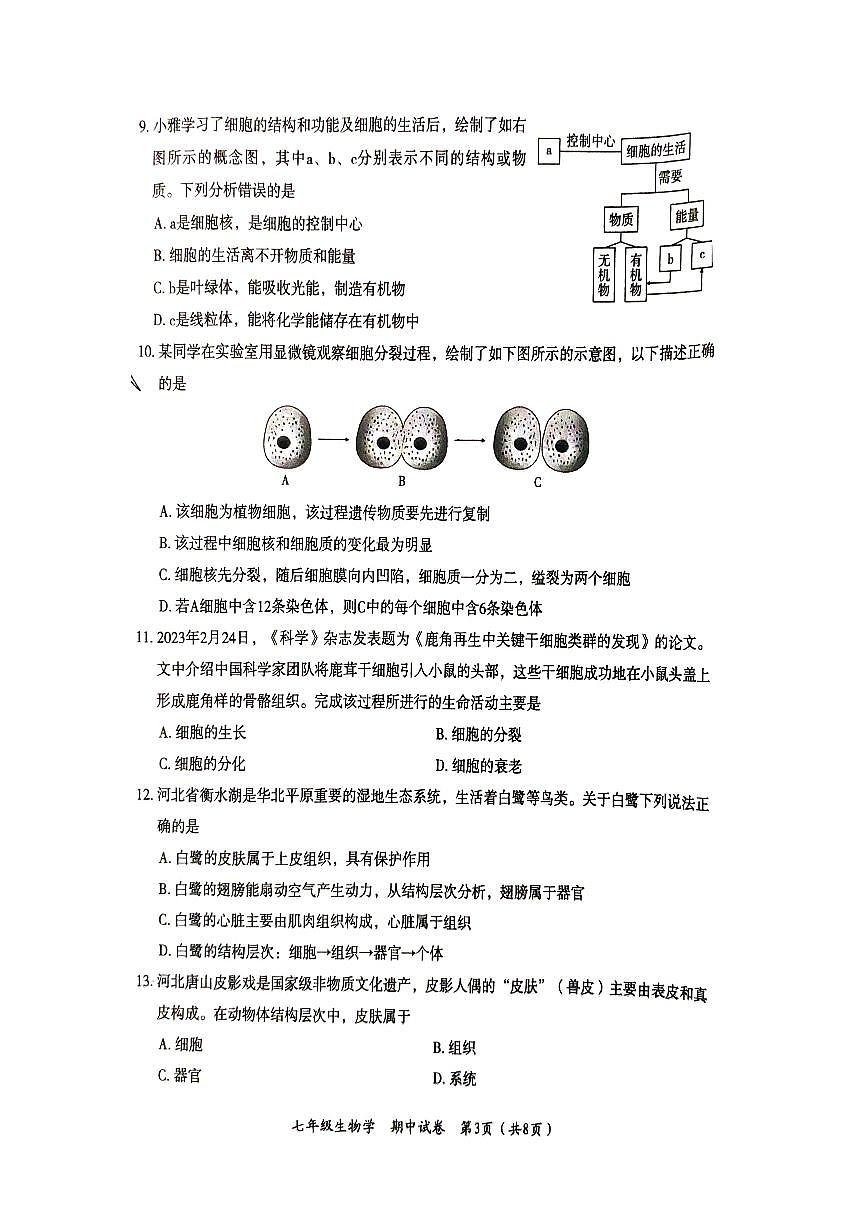 河北省唐山市丰南区2025-2026学年七年级上学期期中生物试题第3页