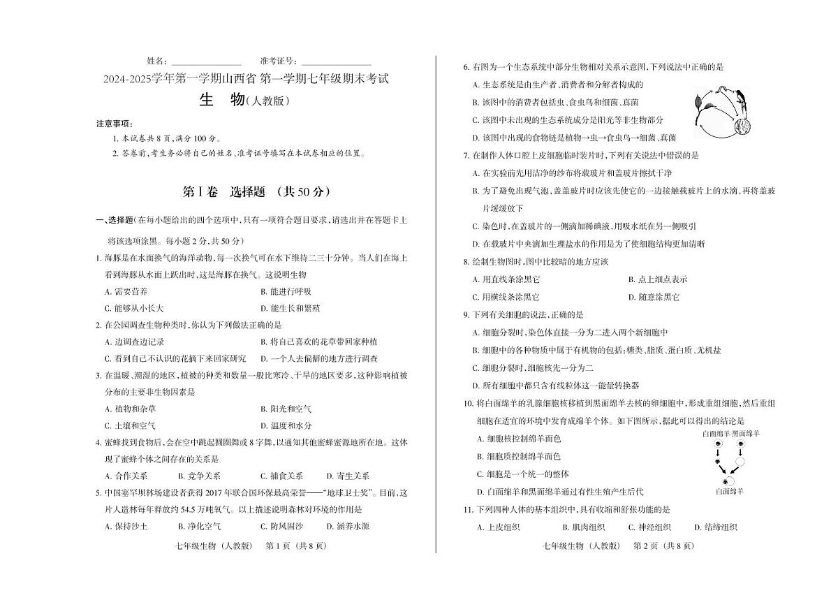 2024-2025学年第一学期七年级上册期末考试生物试卷含答案（人教版）第1页