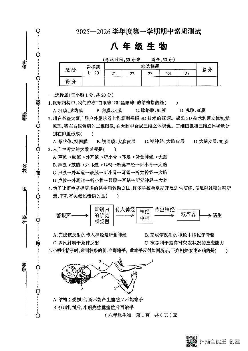 河南省驻马店市正阳县2025-2026学年八年级上学期11月期中生物试题第1页